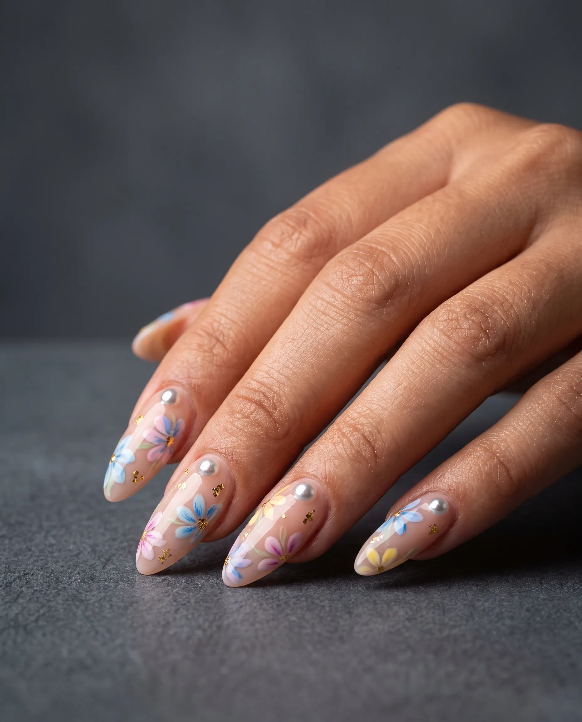 Hand-painted pastel florals with gold foil and chrome pearls