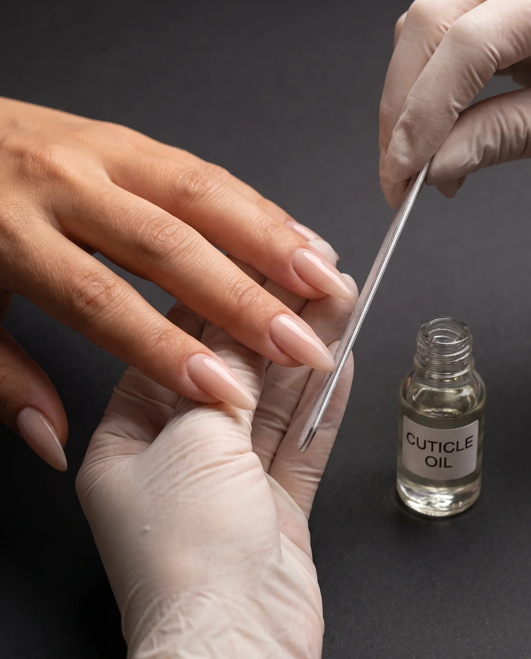 A nail technician shaping a nude almond nail with a fine file