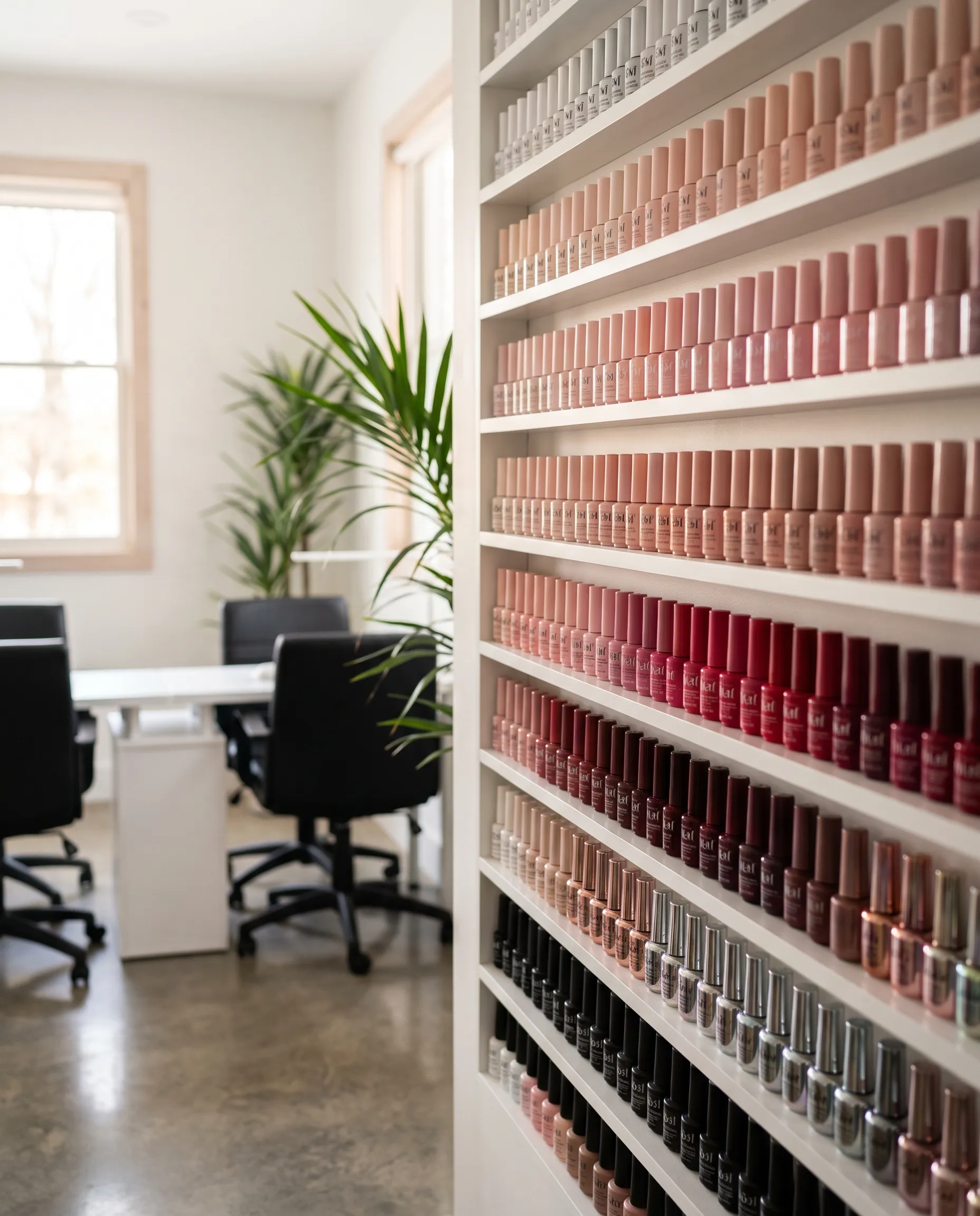 A wall of gel polish bottles arranged from nude to cherry to chrome